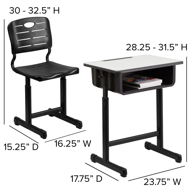 Adjustable Height Student Desk and Chair with Black Pedestal Frame