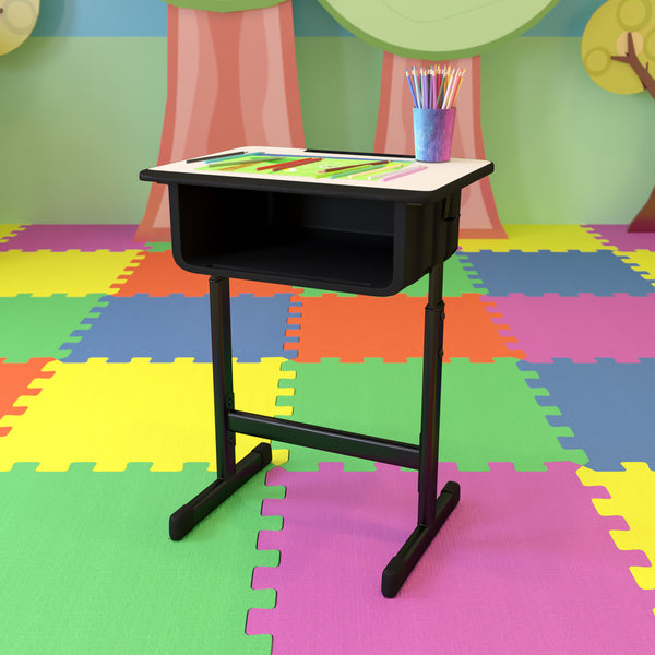 Student Desk with Grey Top and Adjustable Height Black Pedestal Frame