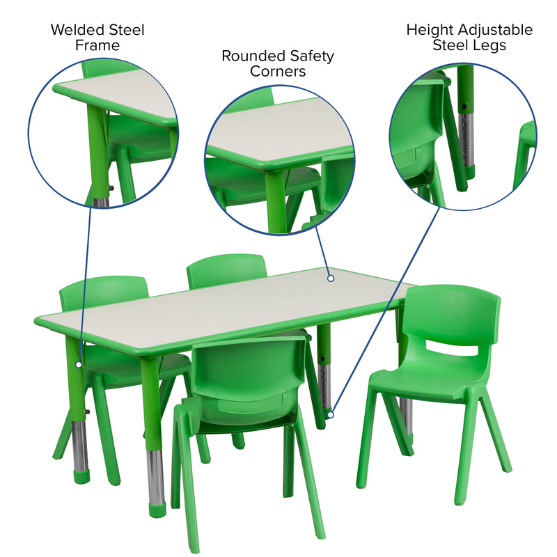 23.625''W x 47.25''L Rectangular Green Plastic Height Adjustable Activity Table Set with 4 Chairs