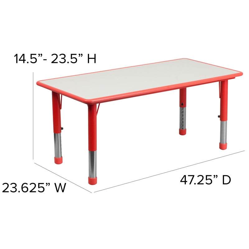 23.625''W x 47.25''L Rectangular Red Plastic Height Adjustable Activity Table Set with 4 Chairs