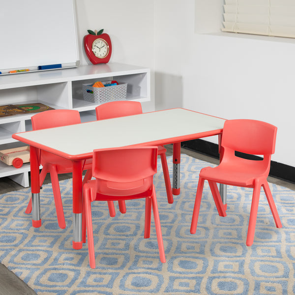 23.625''W x 47.25''L Rectangular Red Plastic Height Adjustable Activity Table Set with 4 Chairs