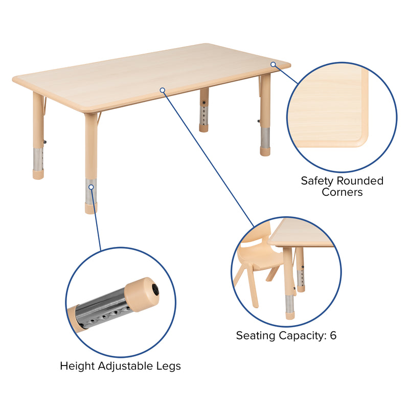 23.625"W x 47.25"L Rectangular Natural Plastic Height Adjustable Activity Table Set with 6 Chairs