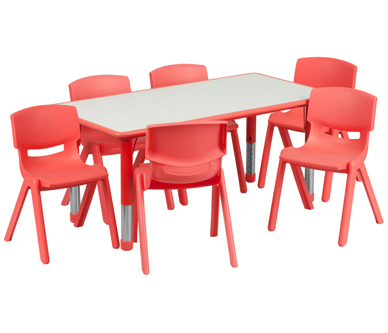 23.625''W x 47.25''L Rectangular Red Plastic Height Adjustable Activity Table Set with 6 Chairs