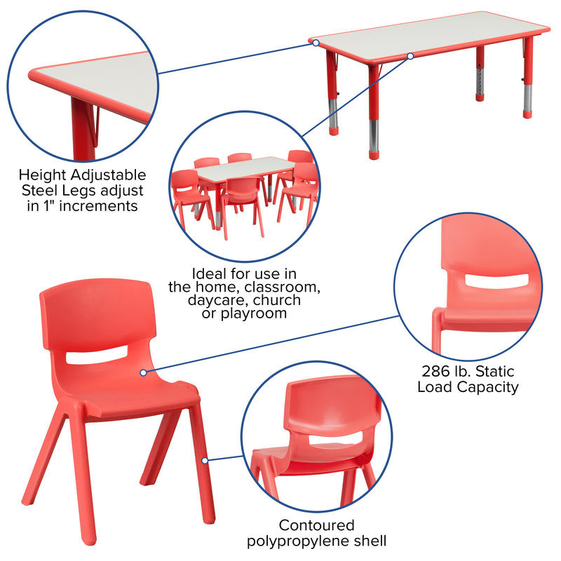 23.625''W x 47.25''L Rectangular Red Plastic Height Adjustable Activity Table Set with 6 Chairs