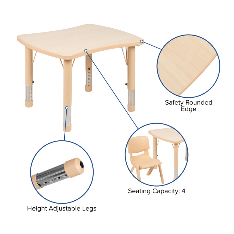 21.875"W x 26.625"L Rectangular Natural Plastic Height Adjustable Activity Table Set with 4 Chairs