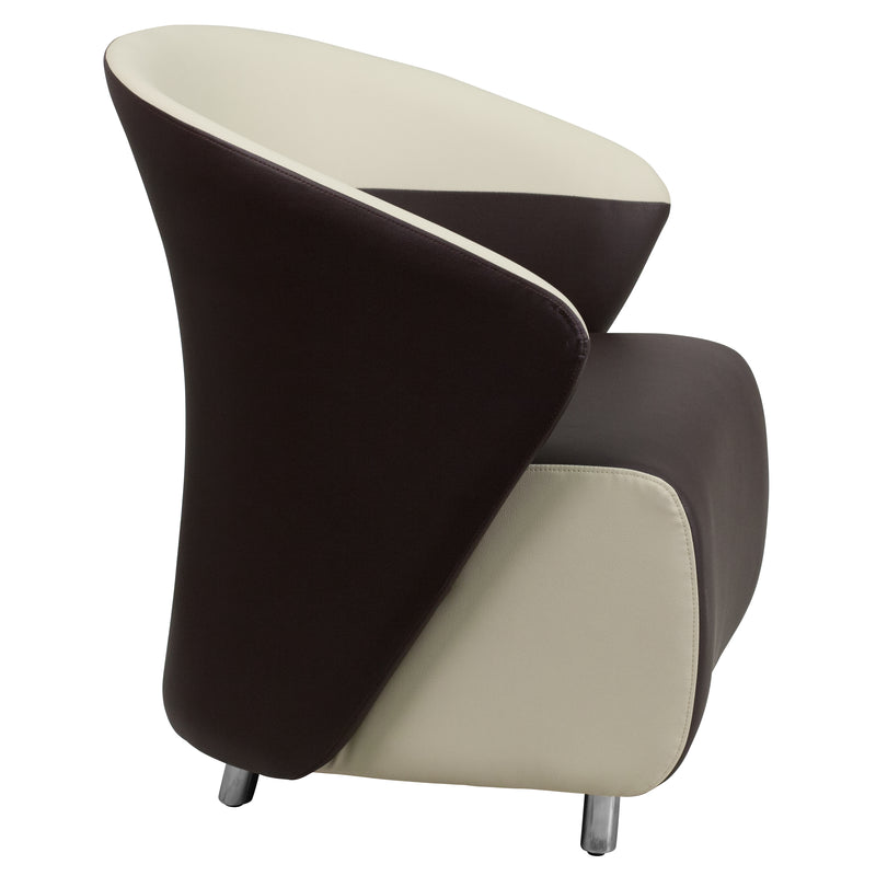 Dark Brown LeatherSoft Curved Barrel Back Lounge Chair with Beige Detailing