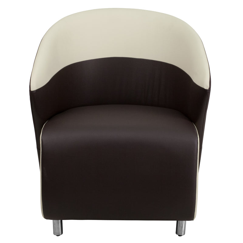 Dark Brown LeatherSoft Curved Barrel Back Lounge Chair with Beige Detailing