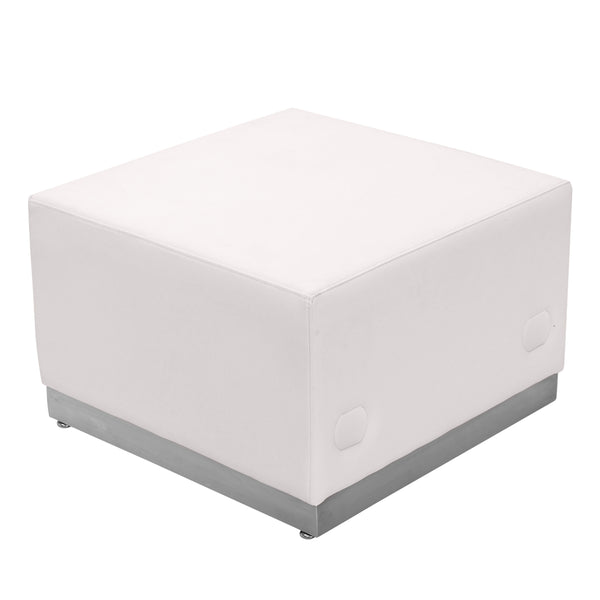 SINGLEWAVE Alon Series Melrose White LeatherSoft Ottoman with Brushed Stainless Steel Base