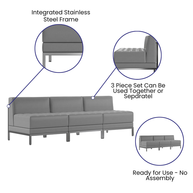 SINGLEWAVE Imagination Series 3 Piece Gray LeatherSoft Waiting Room Lounge Set - Reception Bench