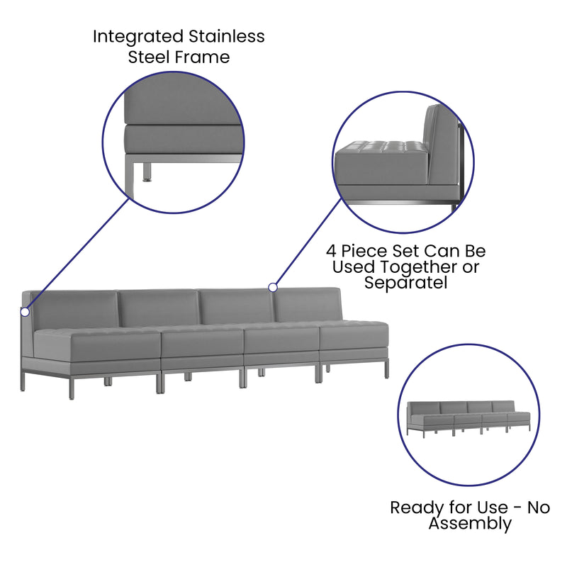 SINGLEWAVE Imagination Series 4 Piece Gray LeatherSoft Waiting Room Lounge Set - Reception Bench