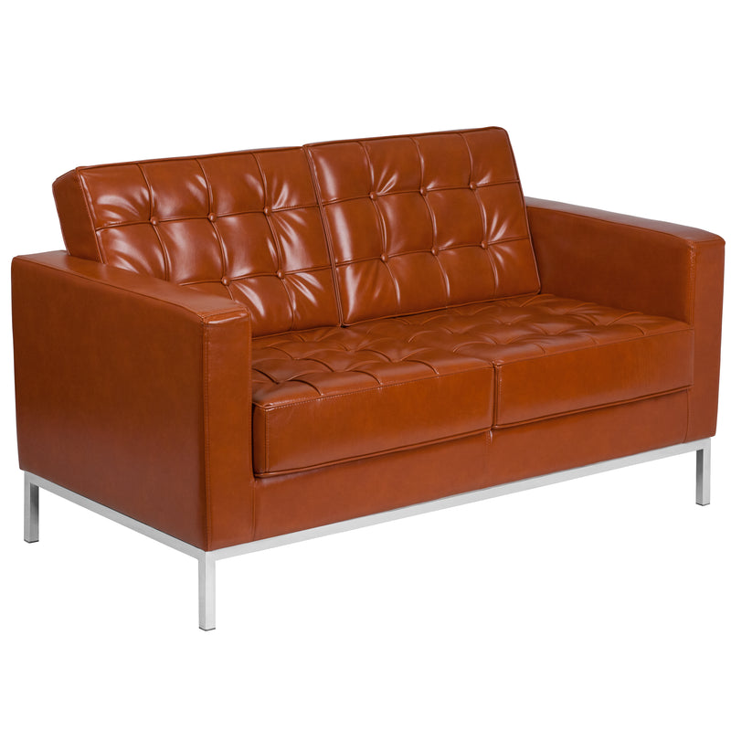 SINGLEWAVE Lacey Series Contemporary Cognac LeatherSoft Loveseat with Stainless Steel Frame