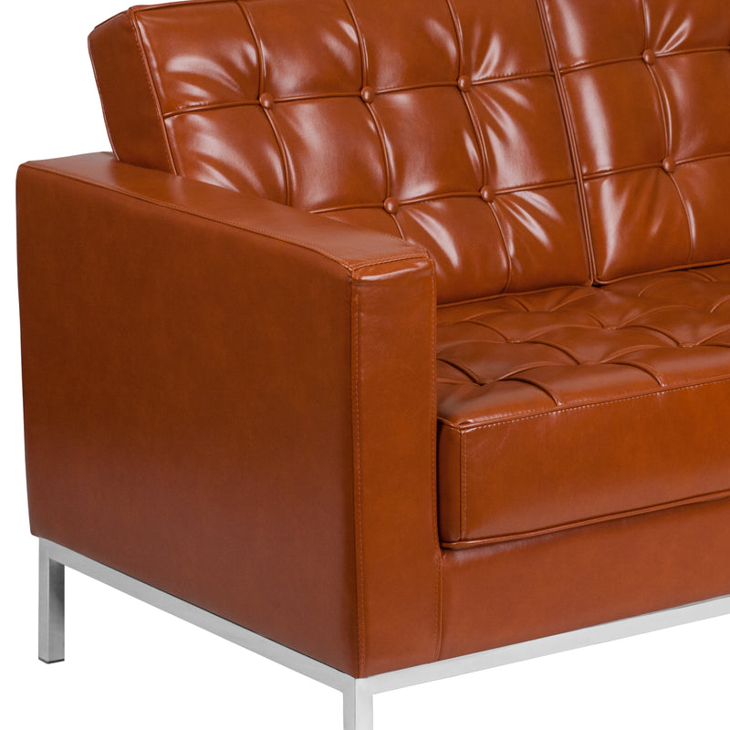 SINGLEWAVE Lacey Series Contemporary Cognac LeatherSoft Loveseat with Stainless Steel Frame