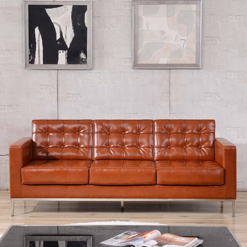 SINGLEWAVE Lacey Series Contemporary Cognac LeatherSoft Sofa with Stainless Steel Frame