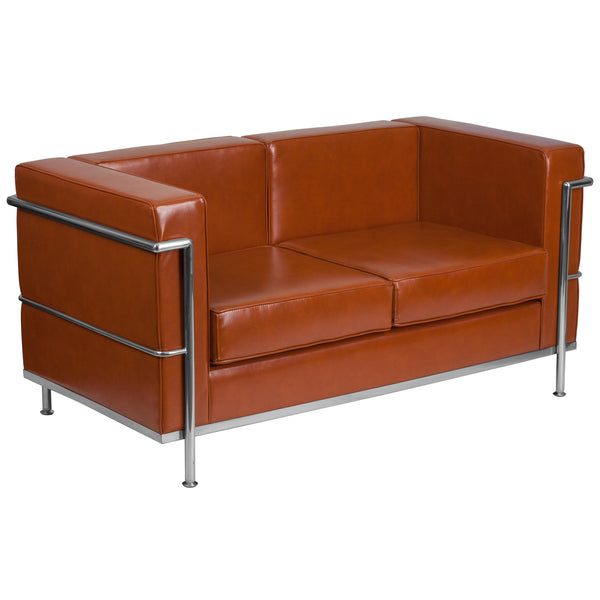 SINGLEWAVE Regal Series Contemporary Cognac LeatherSoft Loveseat with Encasing Frame