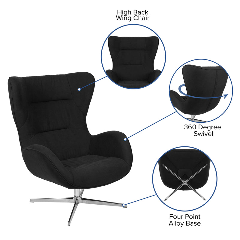 Black Fabric Swivel Wing Chair