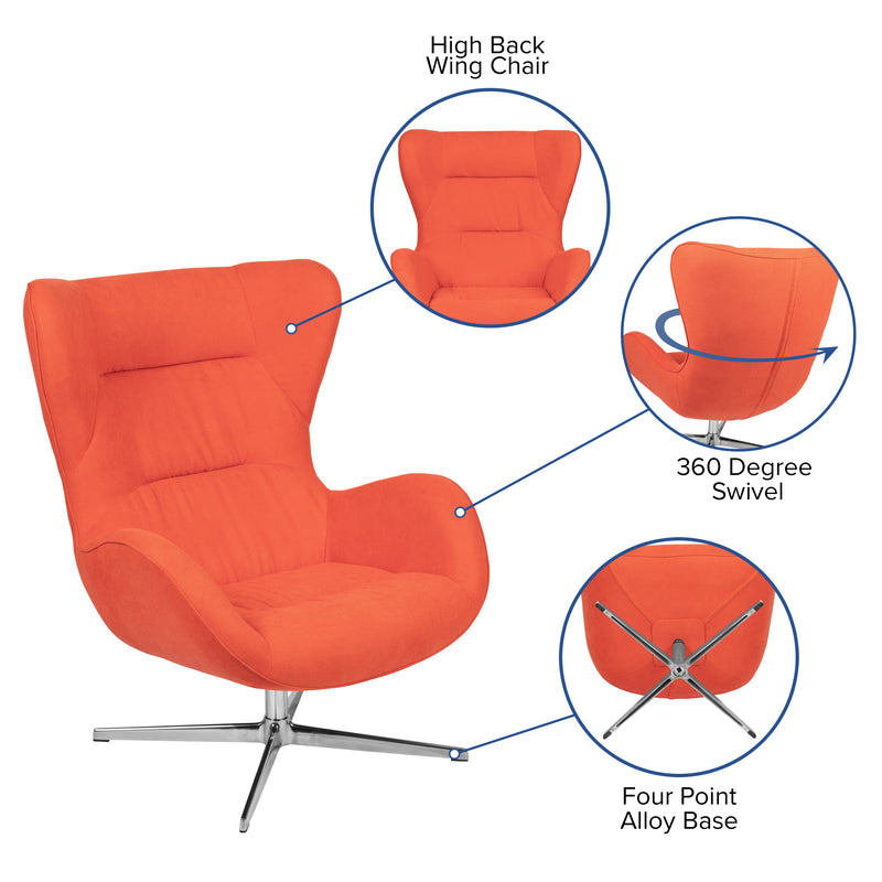 Orange Fabric Swivel Wing Chair