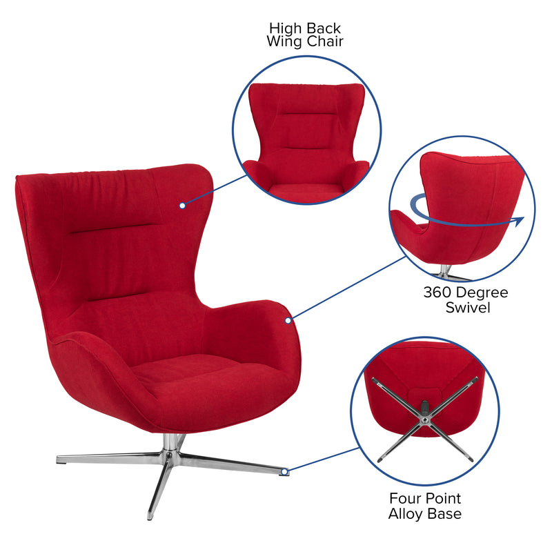 Red Fabric Swivel Wing Chair